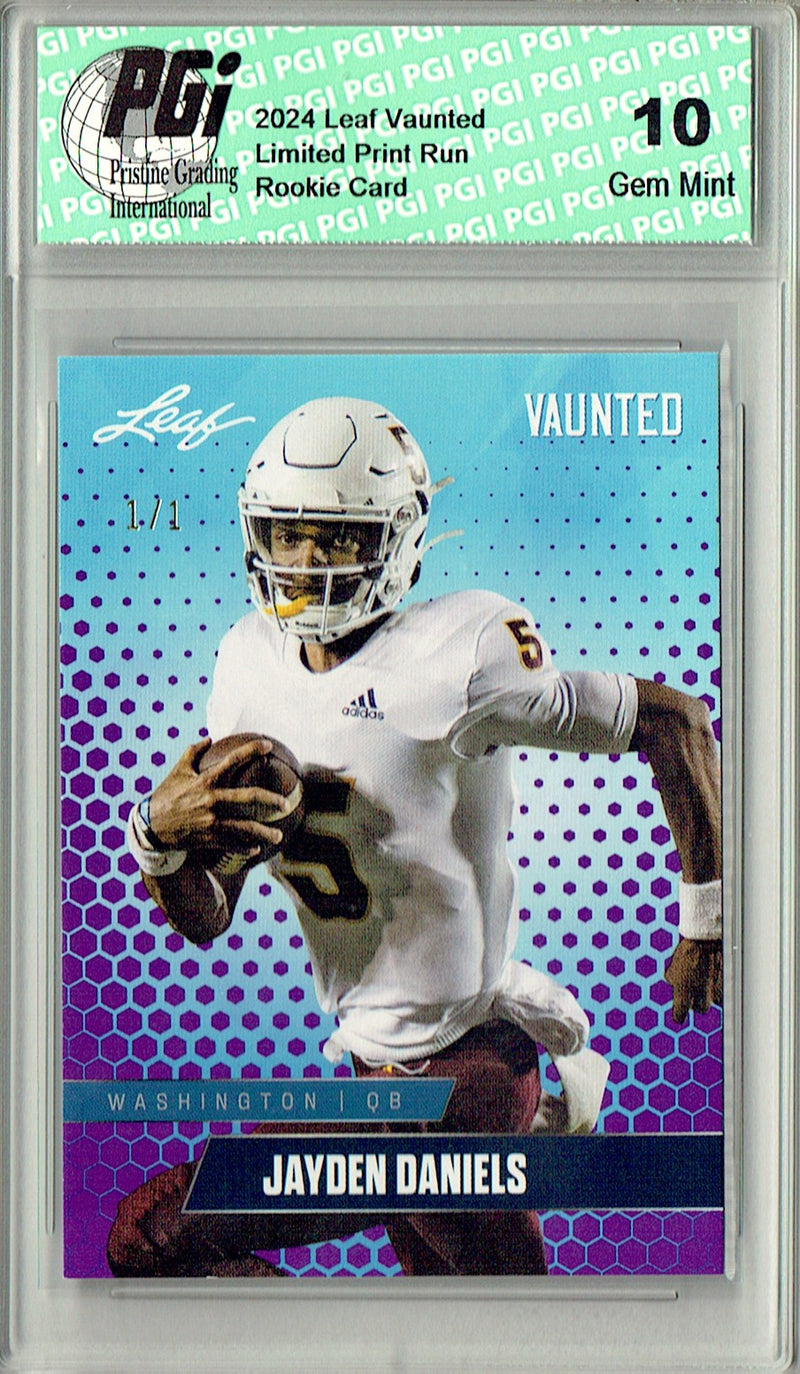 Jayden Daniels Rookie Card Washington PGI 10 Gem Mint Football Trading Card 2024 Leaf Vaunted #V-08 Purple Blank Back 1/1