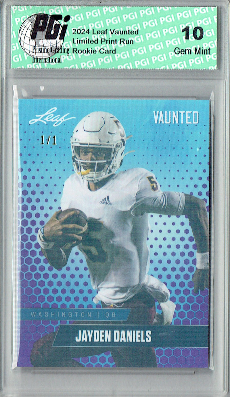 Jayden Daniels Rookie Card Washington PGI 10 Gem Mint Football Trading Card 2024 Leaf Vaunted #V-08 Purple Shimmer 1/1