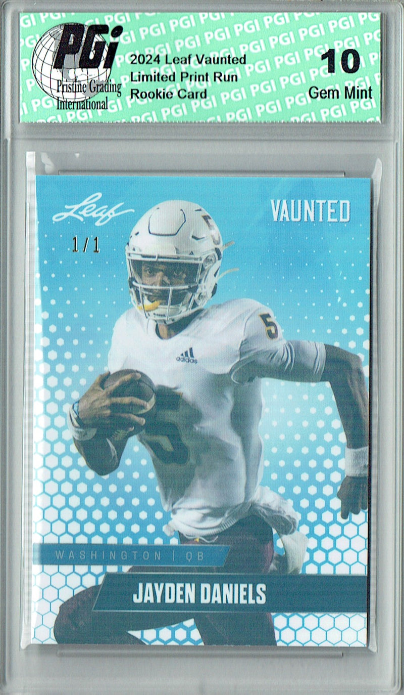 Jayden Daniels Rookie Card Washington PGI 10 Gem Mint Football Trading Card 2024 Leaf Vaunted #V-08 White Shimmer 1/1