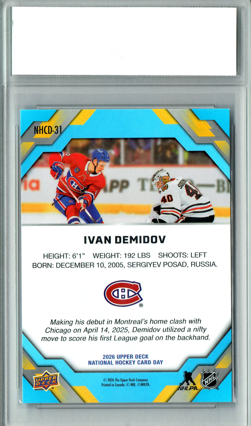 Ivan Demidov Rookie Card 2026 Upper Deck #NHCD-31 National Hockey Card Day, PGI 10, Montreal Canadiens Hockey
