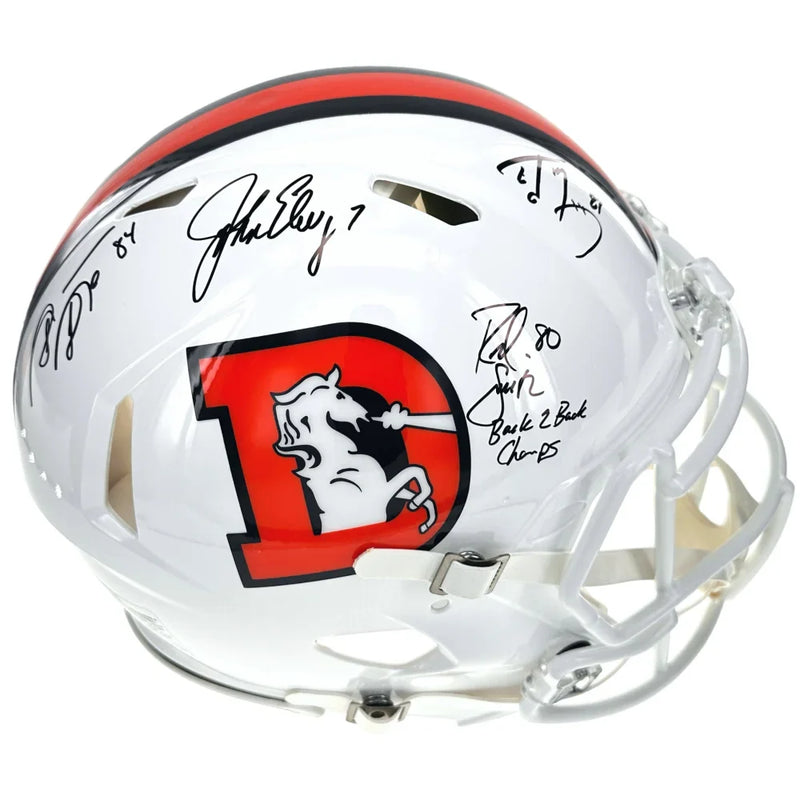 Denver Broncos Signed John Elway Shannon Sharpe Ed Mccaffrey Rod Smith Helmet Autographed COA BAS