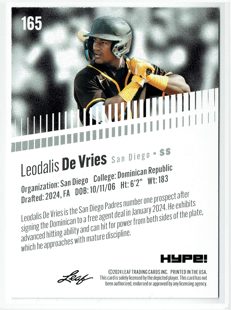 Mint Leodalis De Vries 2024 Leaf HYPE! #LH-165 Only 5000 Made Rookie Card San Diego Padres