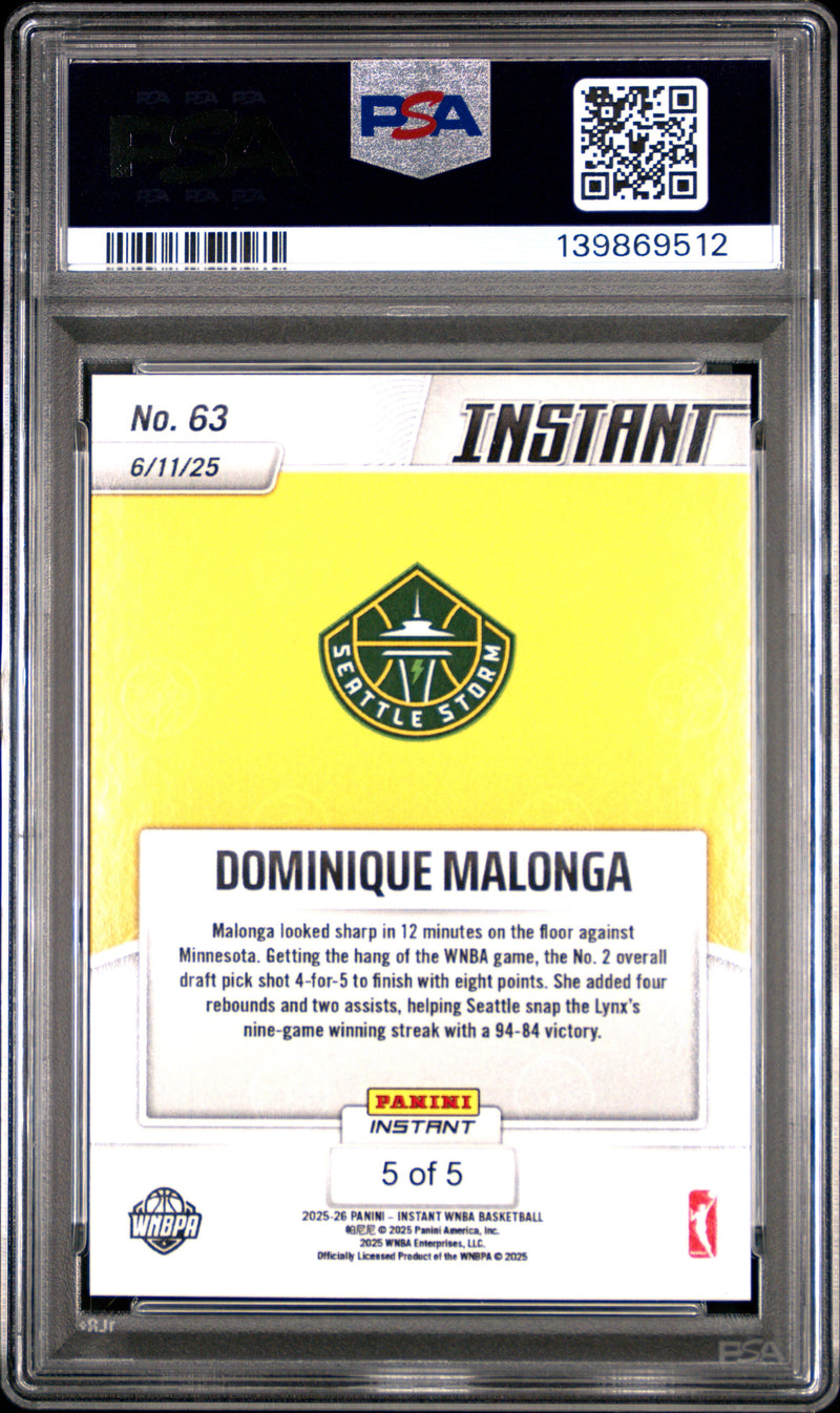 PSA 9 Dominique Malonga 2025 Panini Instant #63 Lightning #5/5 Rookie Card Seattle Storm