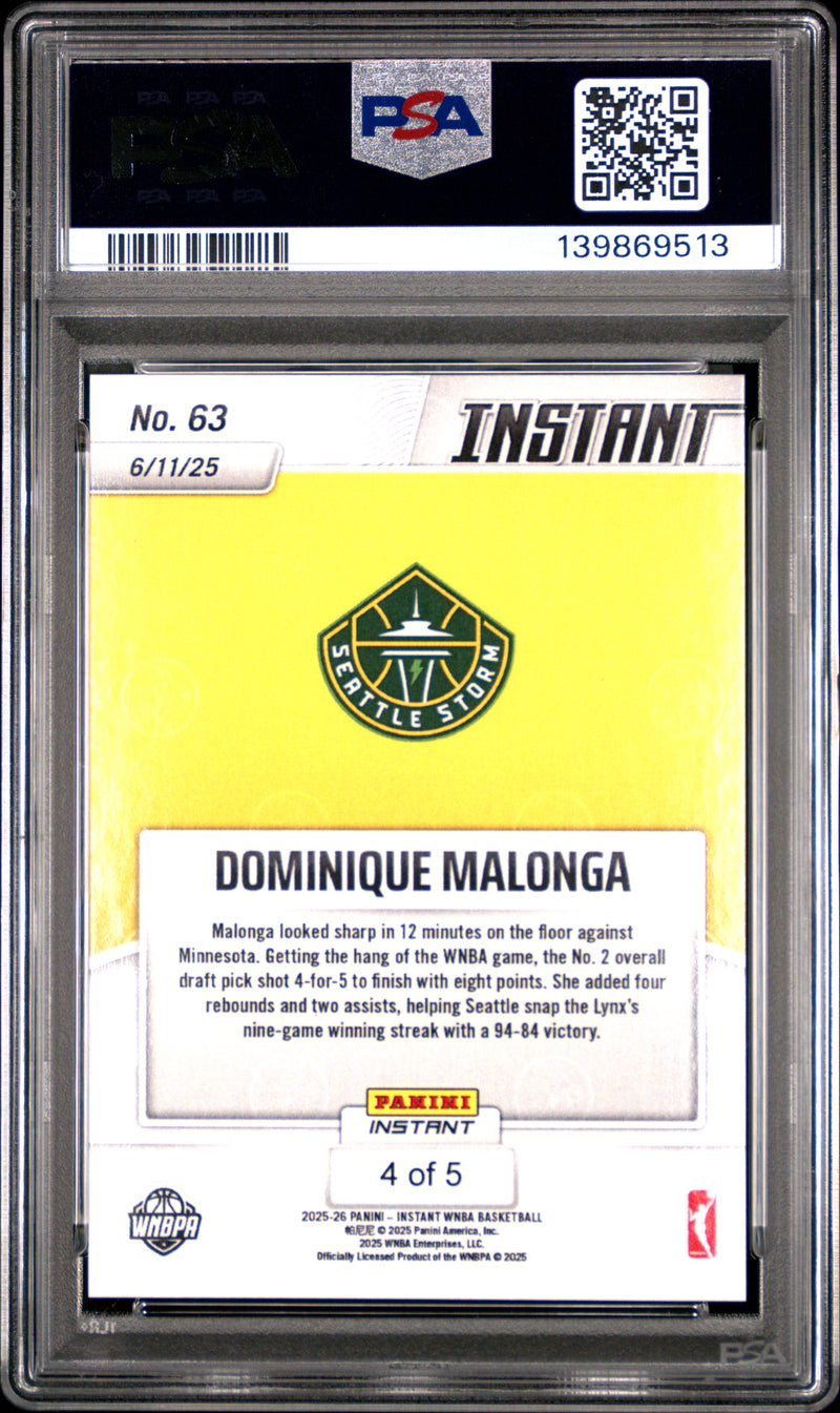 PSA 9 Dominique Malonga 2025 Panini Instant #63 Lightning #4/5 Rookie Card Seattle Storm