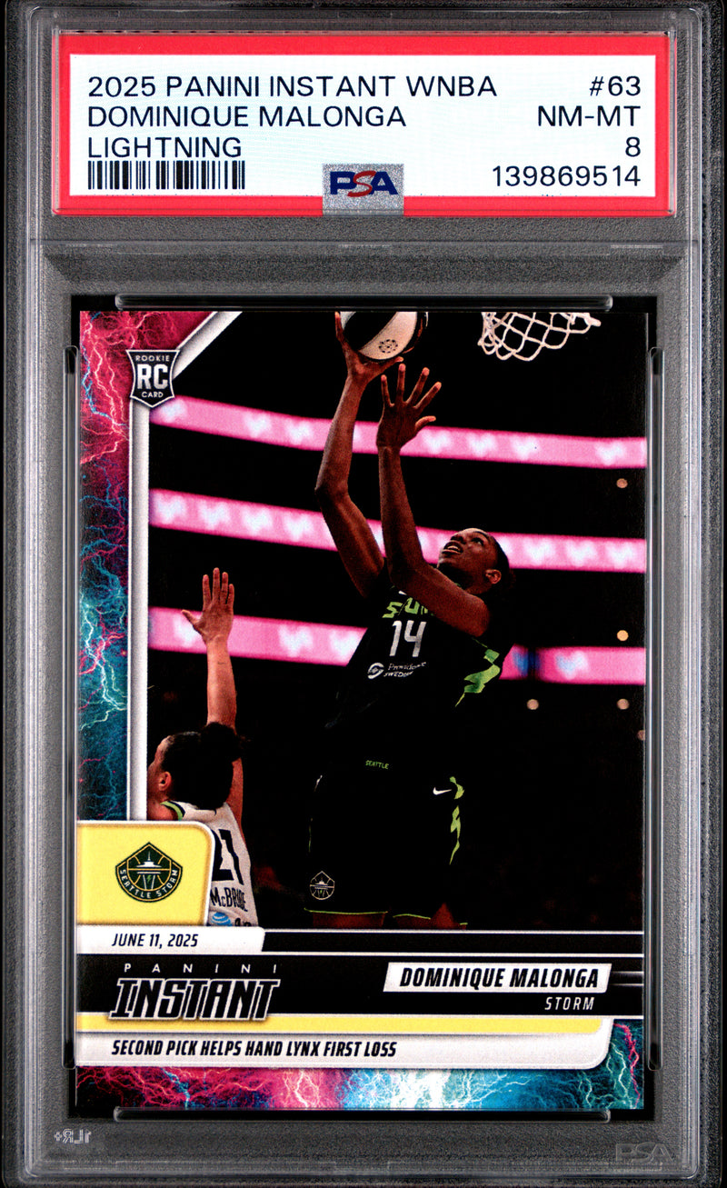 PSA 8 Dominique Malonga 2025 Panini Instant #63 Lightning #3/5 Rookie Card Seattle Storm
