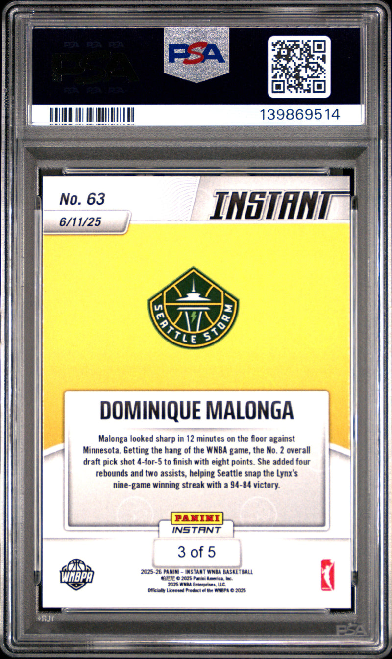 PSA 8 Dominique Malonga 2025 Panini Instant #63 Lightning #3/5 Rookie Card Seattle Storm