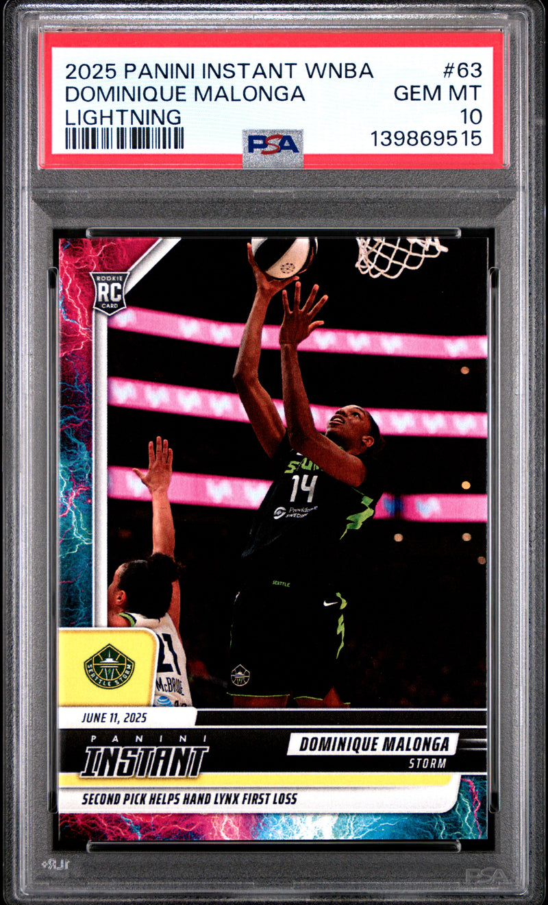 PSA 10 Dominique Malonga 2025 Panini Instant #63 Lightning #2/5 Rookie Card Seattle Storm