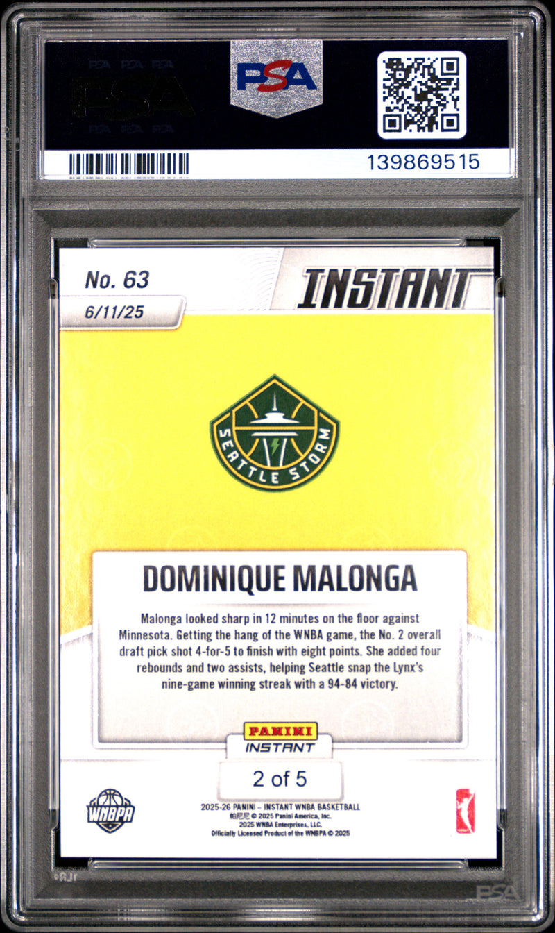 PSA 10 Dominique Malonga 2025 Panini Instant #63 Lightning #2/5 Rookie Card Seattle Storm