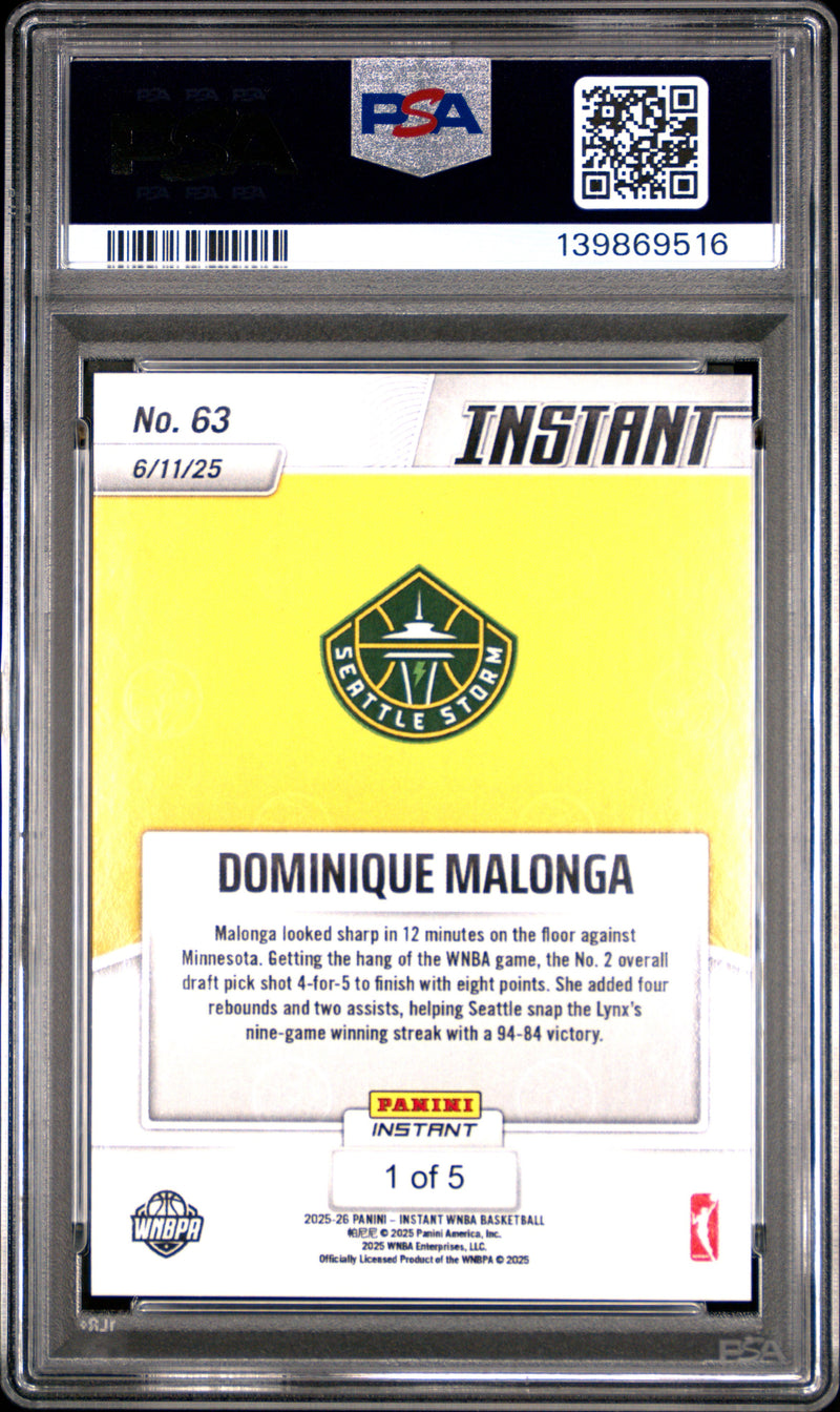 PSA 10 Dominique Malonga 2025 Panini Instant #63 Lightning The #1/5 Rookie Card Seattle Storm