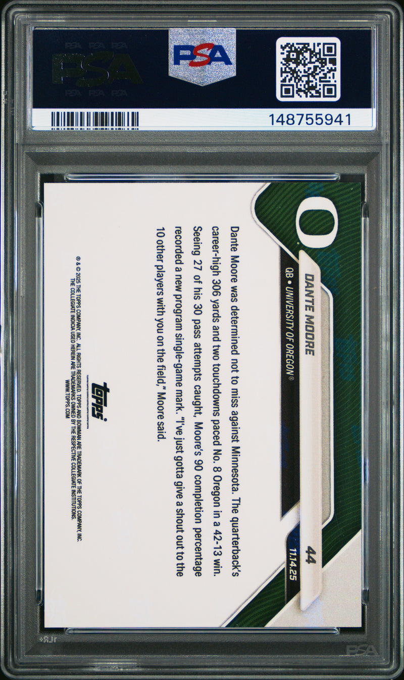 PSA 8 Dante Moore 2025 Bowman University Now #44 Black Foil #8/10 Rookie Card Oregon