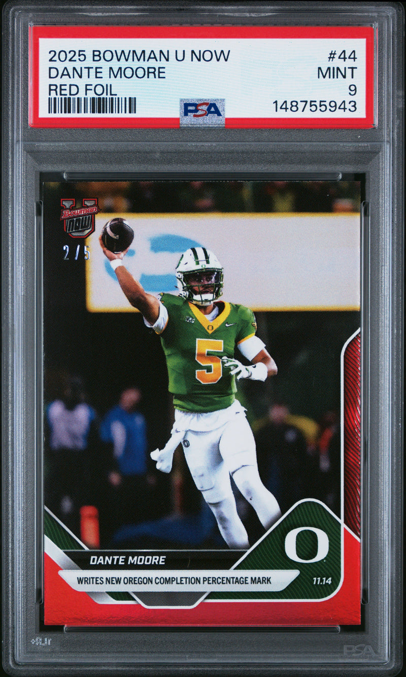 PSA 9 Dante Moore 2025 Bowman University Now #44 Red Foil #2/5 Rookie Card Oregon