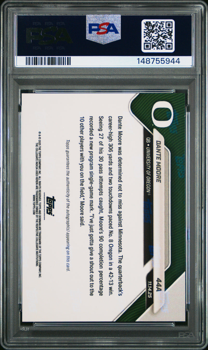 PSA 9 Dante Moore 2025 Bowman University Now #44A Black Foil Auto #7/10 Rookie Card Oregon