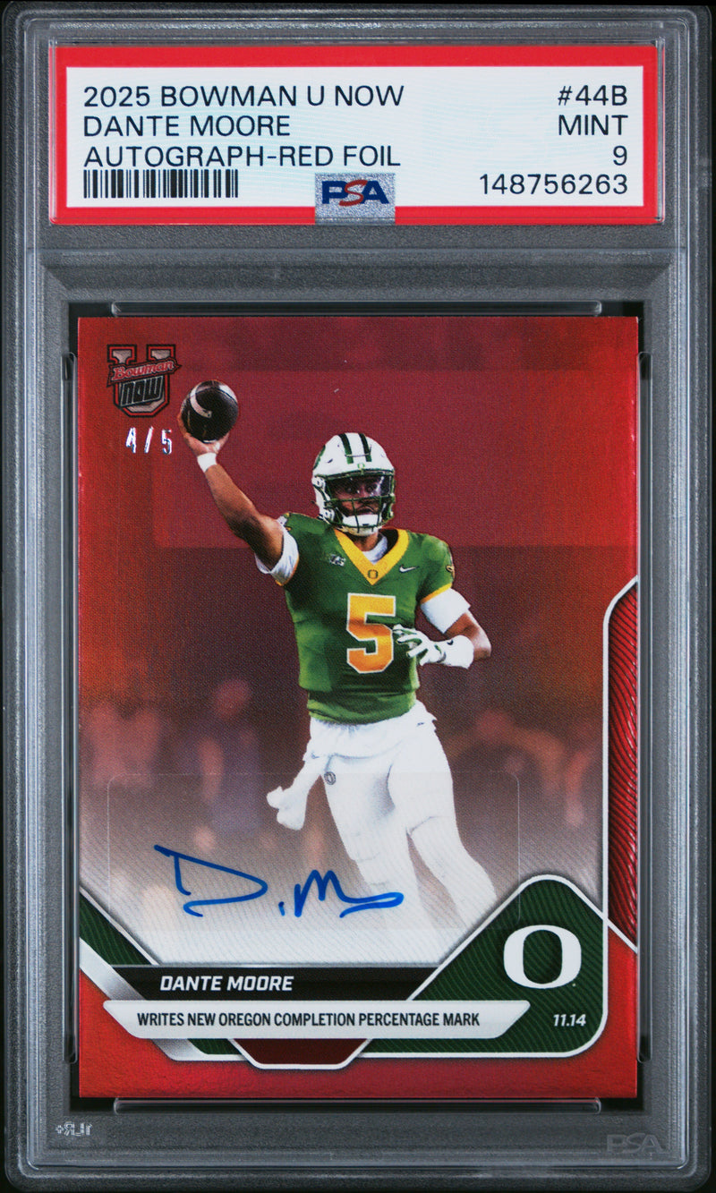 PSA 9 Dante Moore 2025 Bowman University Now #44B Red Auto #4/5 Rookie Card Oregon