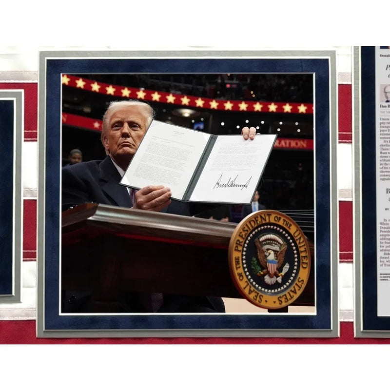 Donald Trump Autographed 2025 Inauguration USA Flag Framed W/ Actual WaPo Newspaper JSA COA