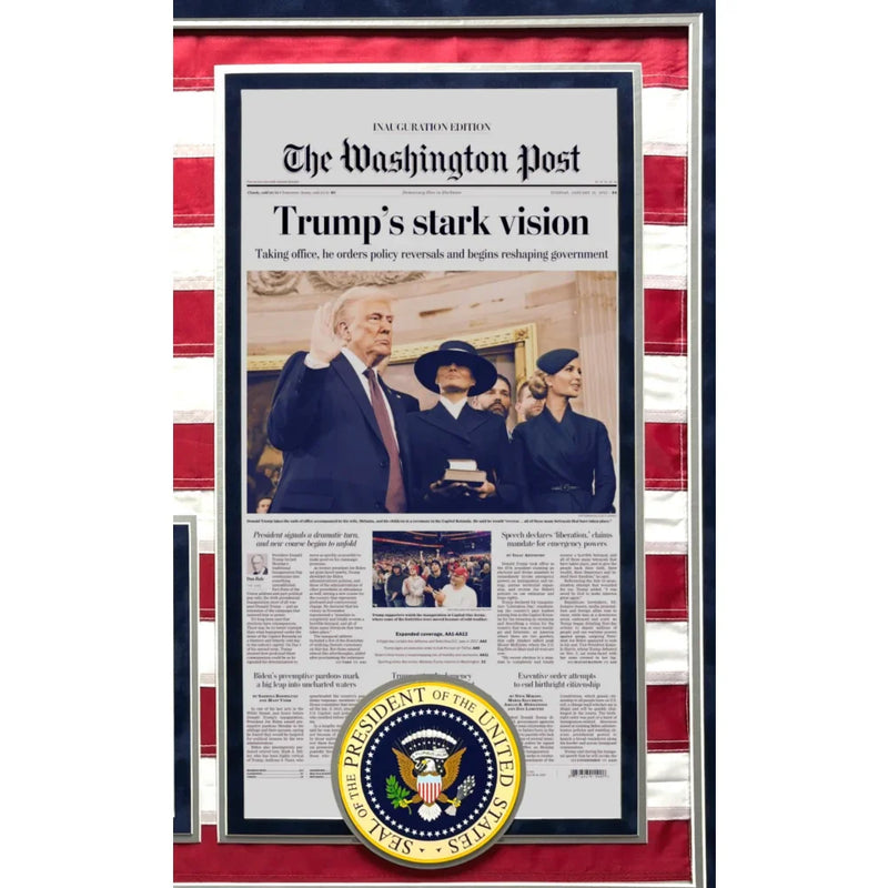 Donald Trump Autographed 2025 Inauguration USA Flag Framed W/ Actual WaPo Newspaper JSA COA