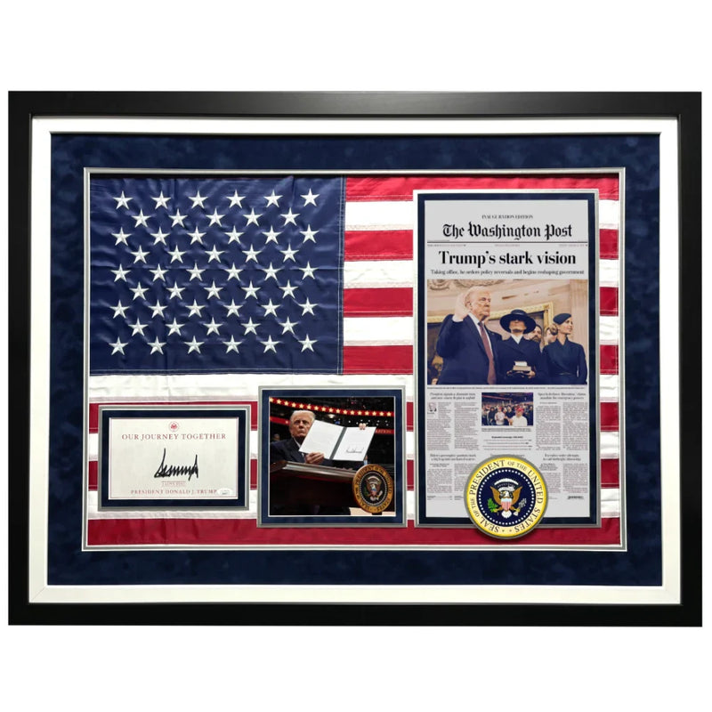 Donald Trump Autographed 2025 Inauguration USA Flag Framed W/ Actual WaPo Newspaper JSA COA