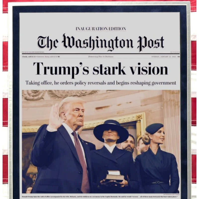 Donald Trump Autographed 2025 Inauguration USA Flag Framed W/ Actual WaPo Newspaper JSA COA