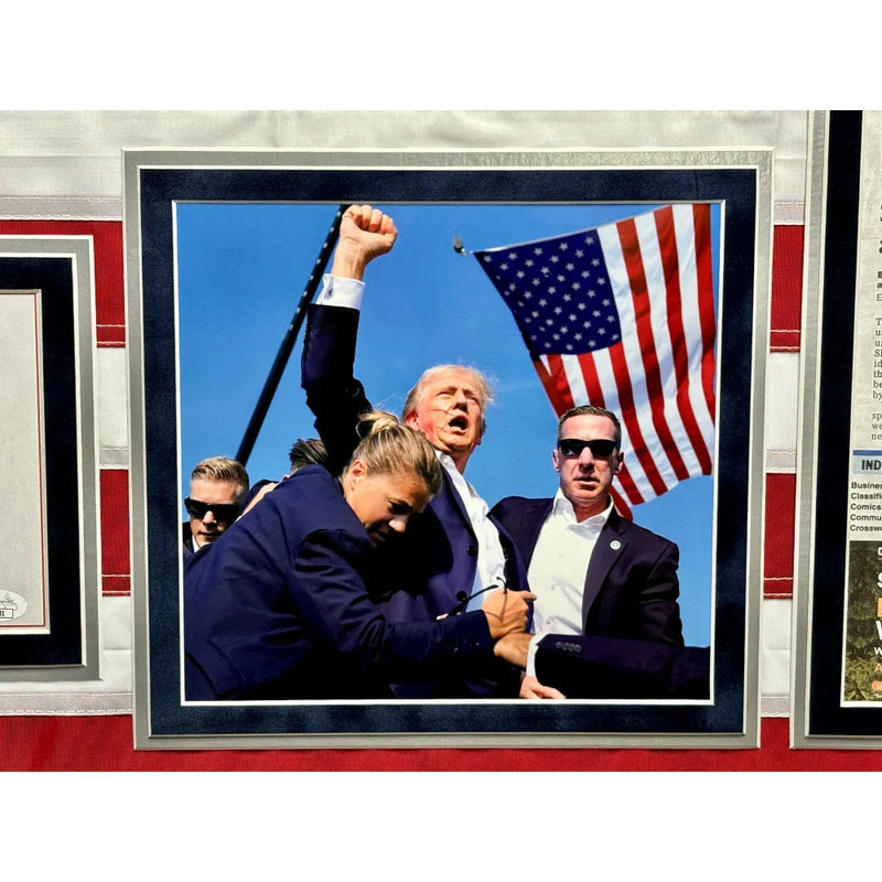 Donald Trump Signed USA Flag Framed with Butler, PA Newspaper JSA Assassination Autographed