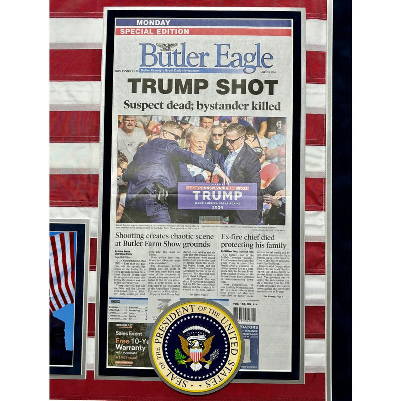 Donald Trump Signed USA Flag Framed with Butler, PA Newspaper JSA Assassination Autographed