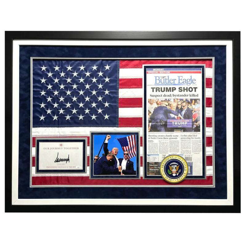 Donald Trump Signed USA Flag Framed with Butler, PA Newspaper JSA Assassination Autographed