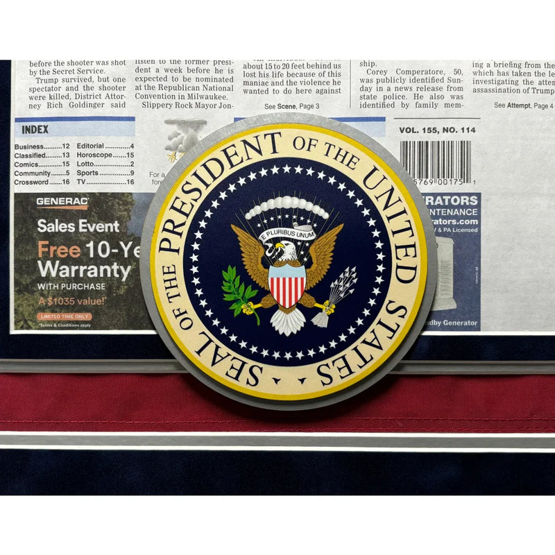 Donald Trump Signed USA Flag Framed with Butler, PA Newspaper JSA Assassination Autographed