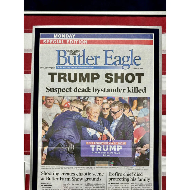 Donald Trump Signed USA Flag Framed with Butler, PA Newspaper JSA Assassination Autographed