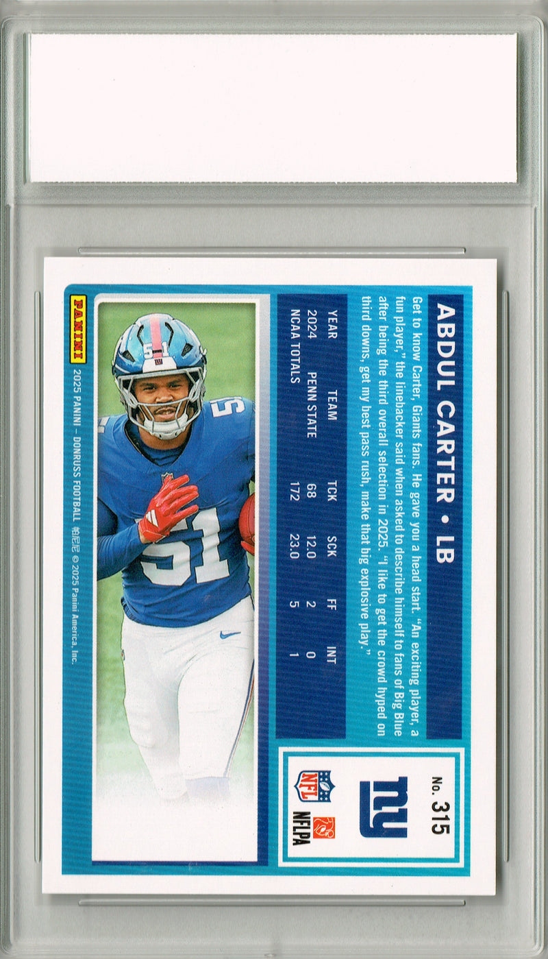 Certified Mint+ Abdul Carter 2025 Donruss Football #315 Rookie Card New York Giants