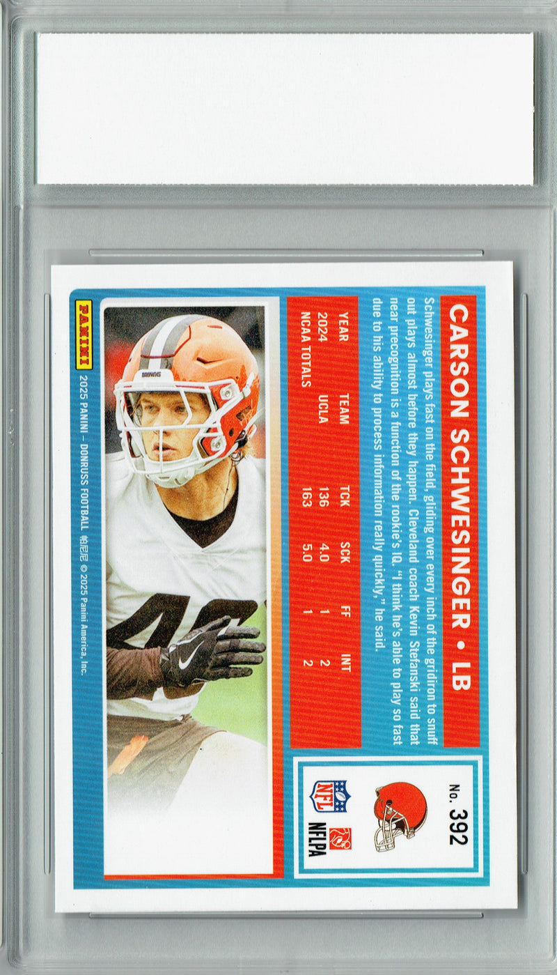 Certified Mint+ Carson Schwesinger 2025 Donruss Football #392 Rookie Card Cleveland Browns