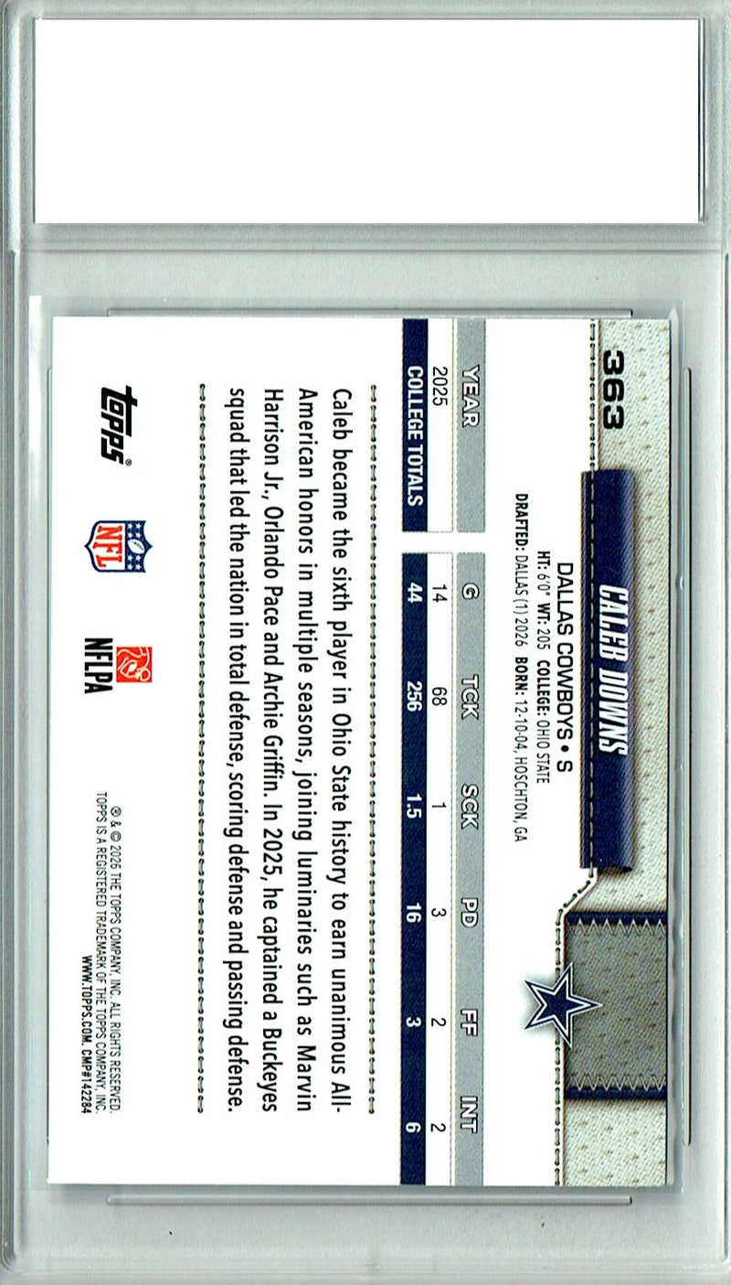 Caleb Downs Rookie Card 2026 Topps #363 Flagship, PGI 10, Dallas Cowboys Football