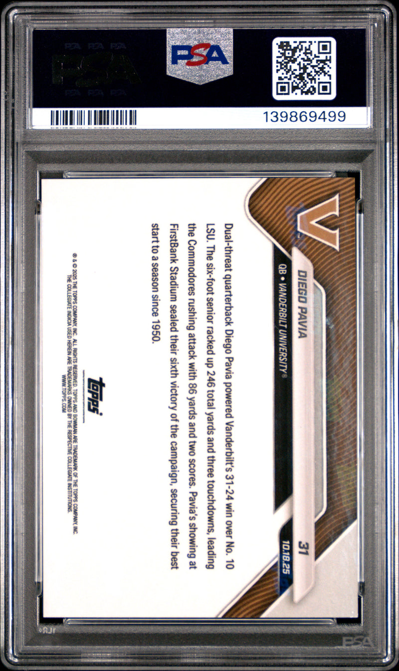 PSA 10 Diego Pavia 2025 Bowman University Now #31 Orange Foil #22/25 Rookie Card Vanderbilt