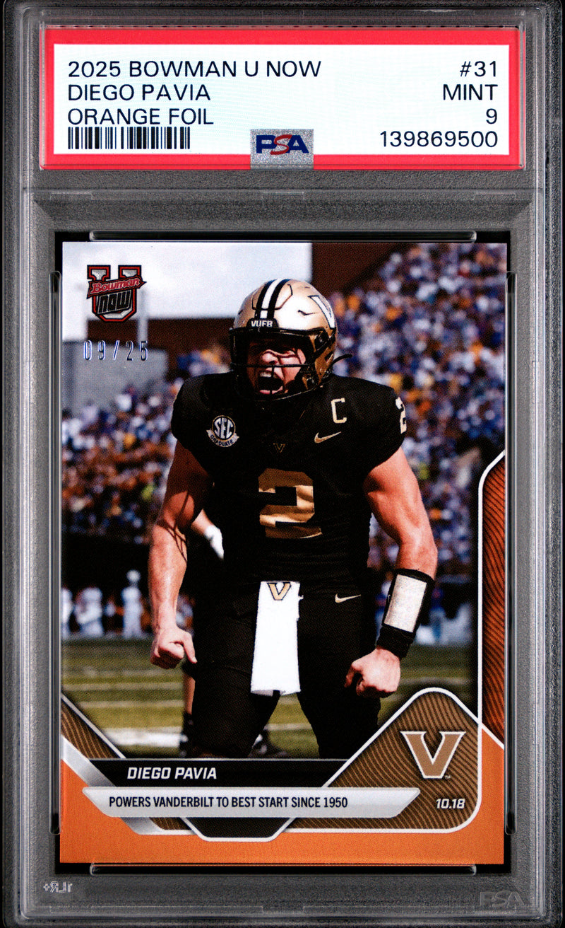 PSA 9 Diego Pavia 2025 Bowman University Now #31 Orange Foil #9/25 Rookie Card Vanderbilt