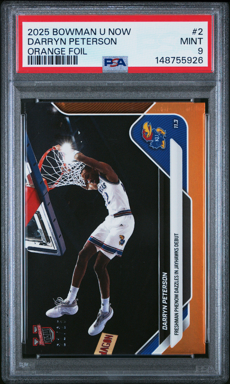 PSA 9 Darryn Peterson 2025 Bowman University Now #1 Orange Foil #21/25 Rookie Card Kansas