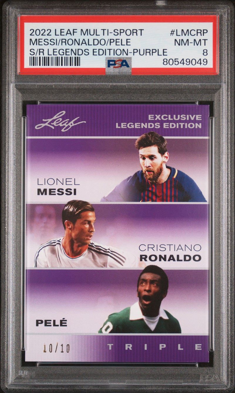 PSA 8 Pele Lionel Messi Cristiano Ronaldo 2022 Leaf #LMCRP The Triple Purple Double Jersey #10/10 Card