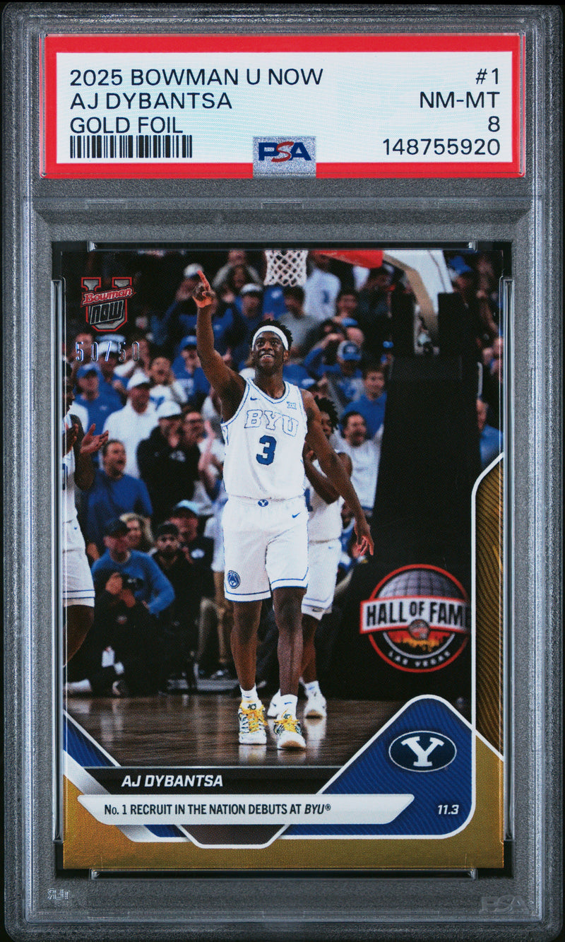 PSA 8 A.J. Dybantsa 2025 Bowman University Now #1 Gold SP #50/50 Rookie Card BYU Cougars