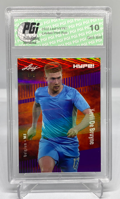 Kevin De Bruyne 2022 Leaf HYPE! #95 Purple Shimmer 1 of 1 Trading Card PGI 10