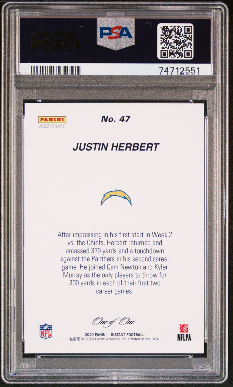 PSA 8 Justin Herbert 2020 Panini Instant #47 Rookie Card Black 1/1 Elite Comp.