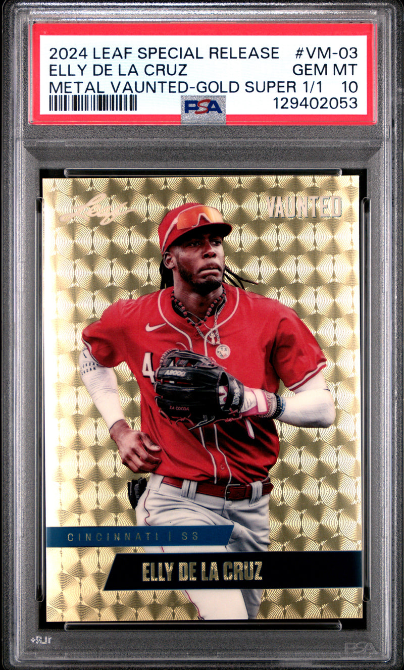 PSA 10 Elly De La Cruz 2024 Leaf Vaunted Metal #VM-03 Gold Superprismatic 1/1 Rookie Card Cincinnati Reds