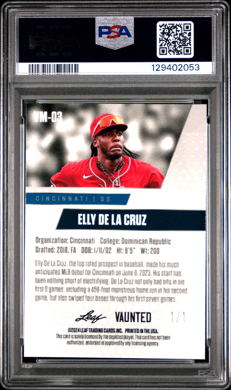 PSA 10 Elly De La Cruz 2024 Leaf Vaunted Metal #VM-03 Gold Superprismatic 1/1 Rookie Card Cincinnati Reds