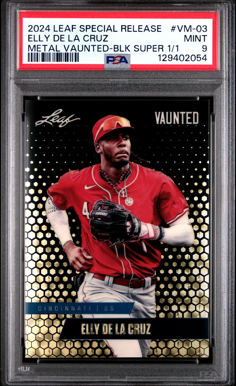 PSA 9 Elly De La Cruz 2024 Leaf Vaunted Metal #VM-03 Black Superprismatic 1/1 Rookie Card Cincinnati Reds