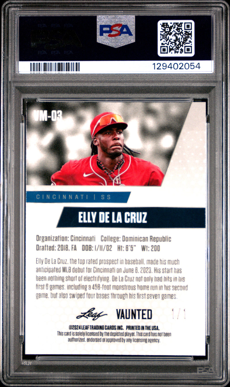 PSA 9 Elly De La Cruz 2024 Leaf Vaunted Metal #VM-03 Black Superprismatic 1/1 Rookie Card Cincinnati Reds