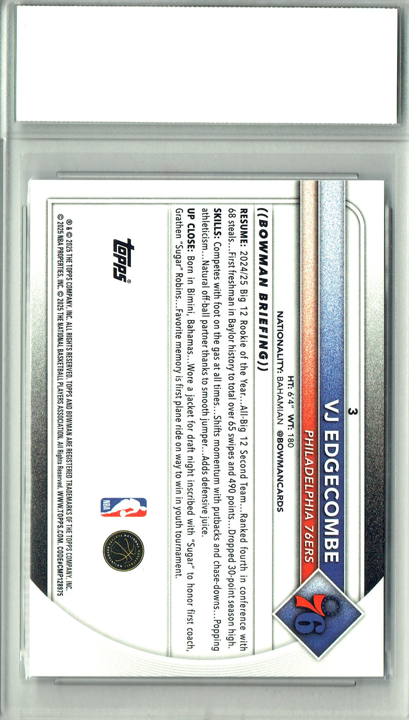 V.J. Edgecombe Rookie Card 2025 Bowman #3 0, Certified Mint+ Condition, Philadelphia 76ers Basketball