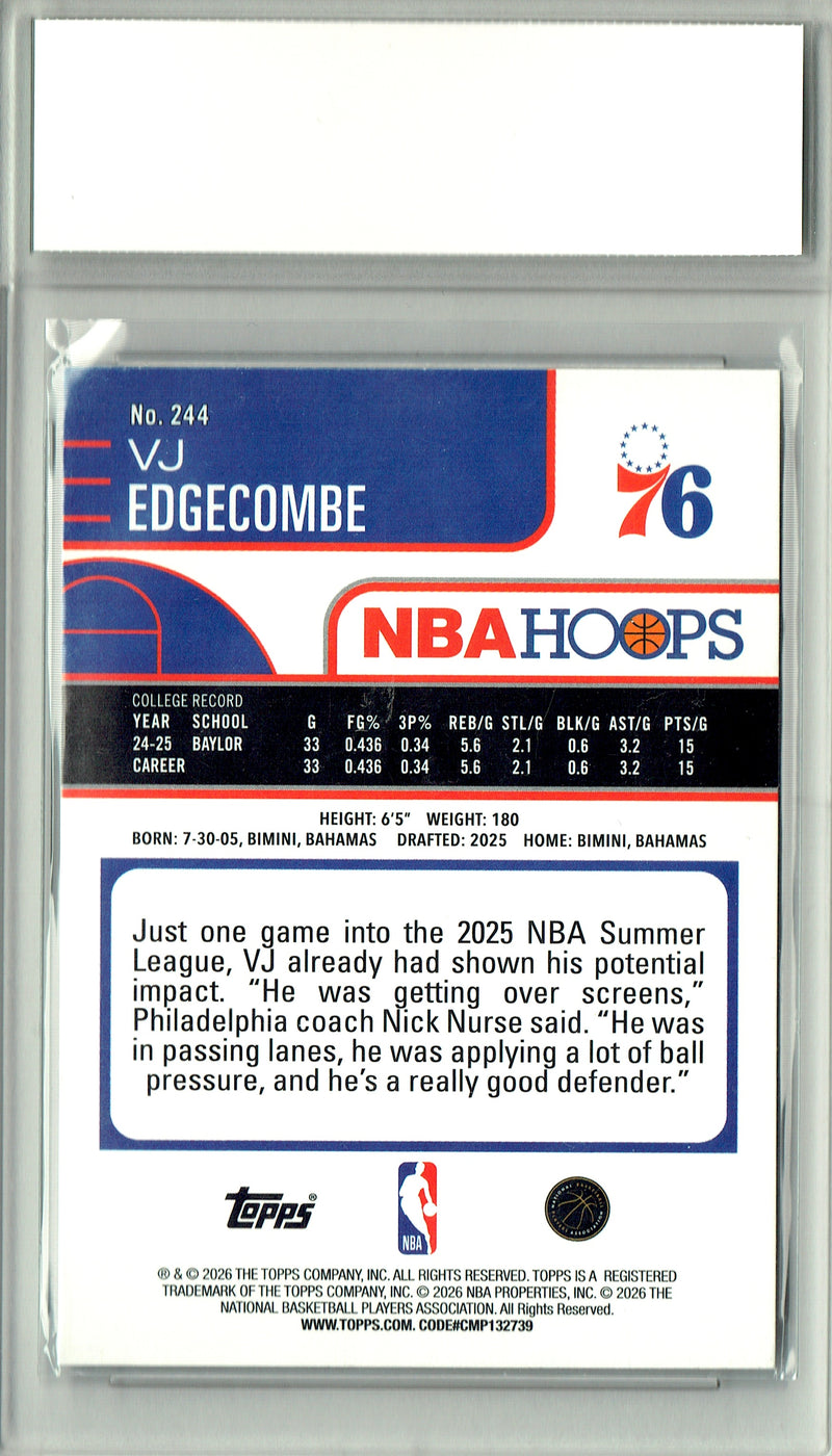 V.J. Edgecombe Rookie Card 2025 NBA Hoops #244 Rainbow Foil, Certified Mint+ Condition, Philadelphia 76ers Basketball