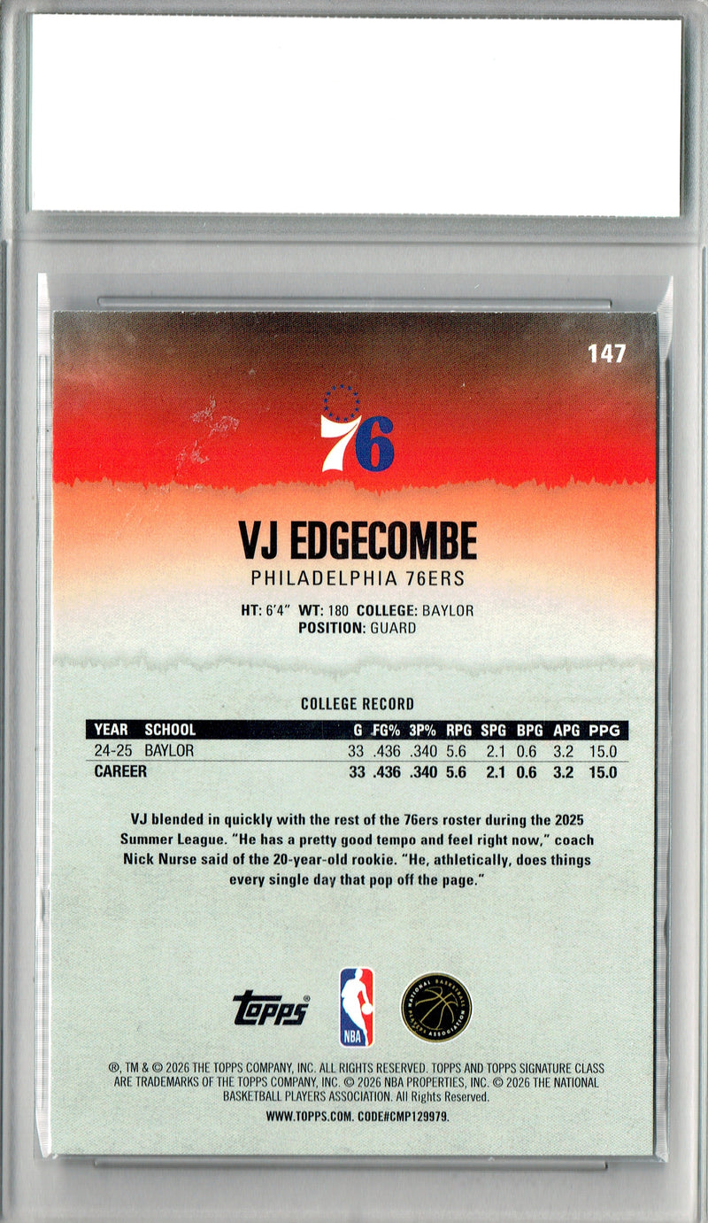 V.J. Edgecombe Rookie Card 2025 Topps #147 Signature Class, Certified Mint+ Condition, Philadelphia 76ers Basketball