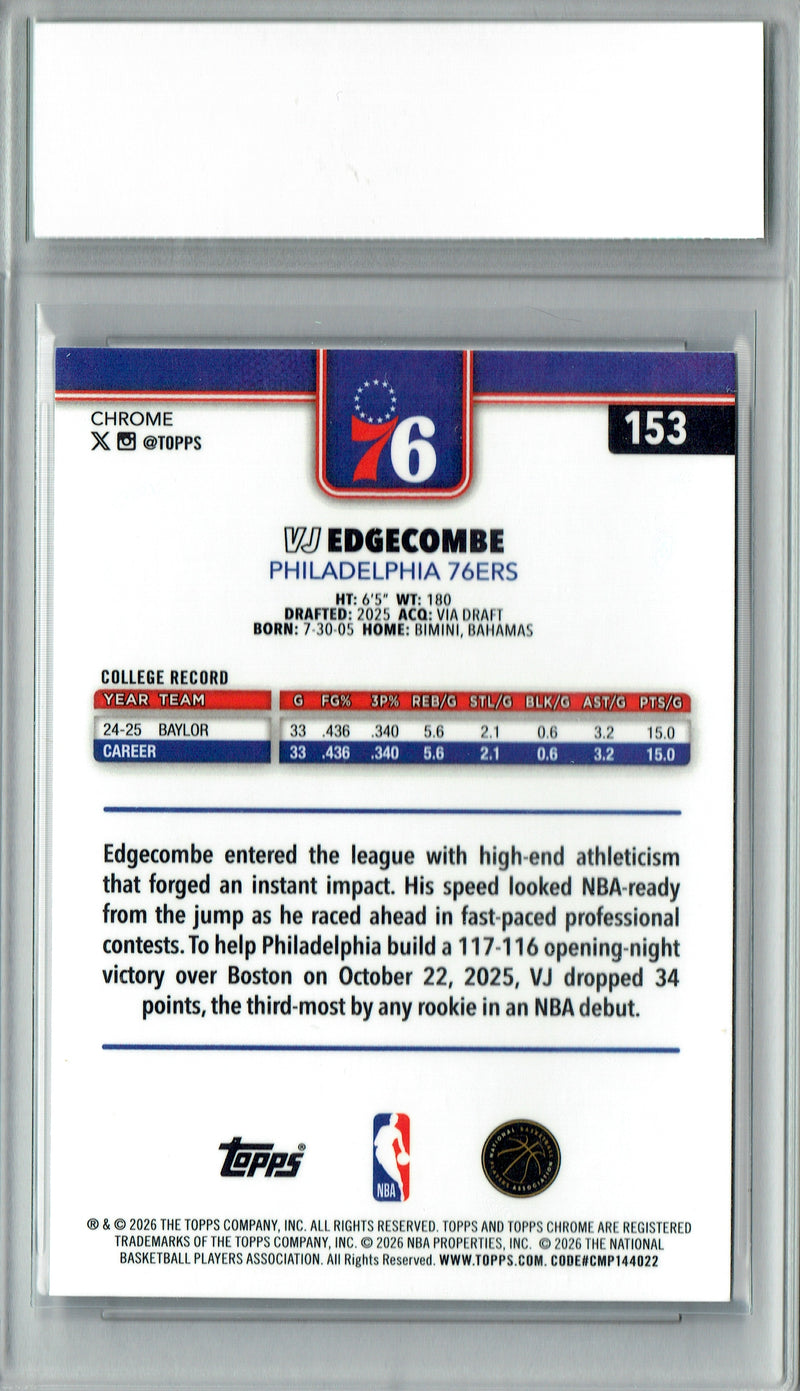 V.J. Edgecombe Rookie Card 2025 Topps Chrome Update #153 0, Certified Mint+ Condition, Philadelphia 76ers Basketball