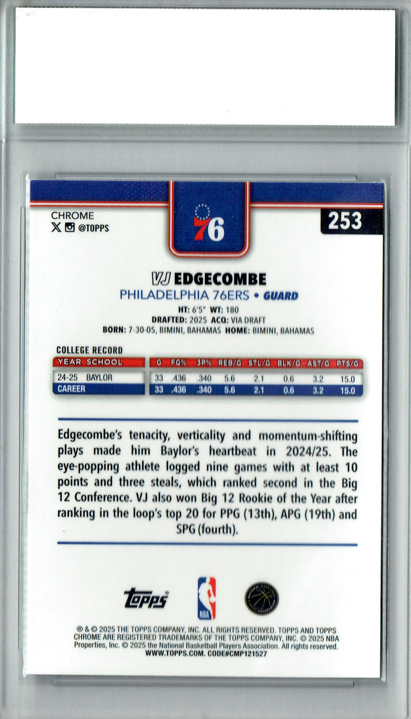V.J. Edgecombe Rookie Card 2025 Topps Chrome #253, PGI 10, Philadelphia 76ers Basketball