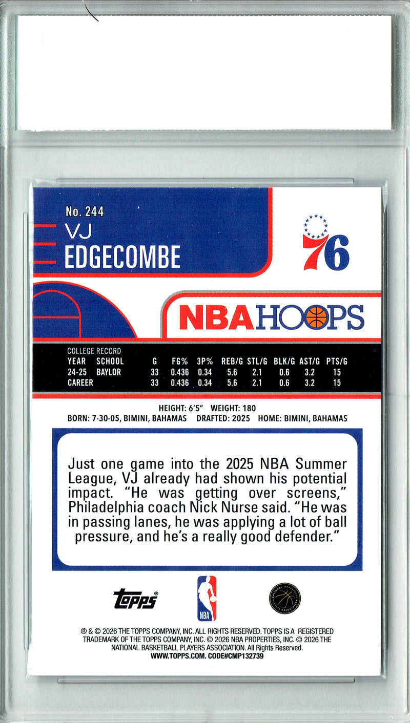 VJ Edgecombe Rookie Card 2026 Hoops #244 Rainbow Foil, PGI 10, Philadelphia 76ers Basketball