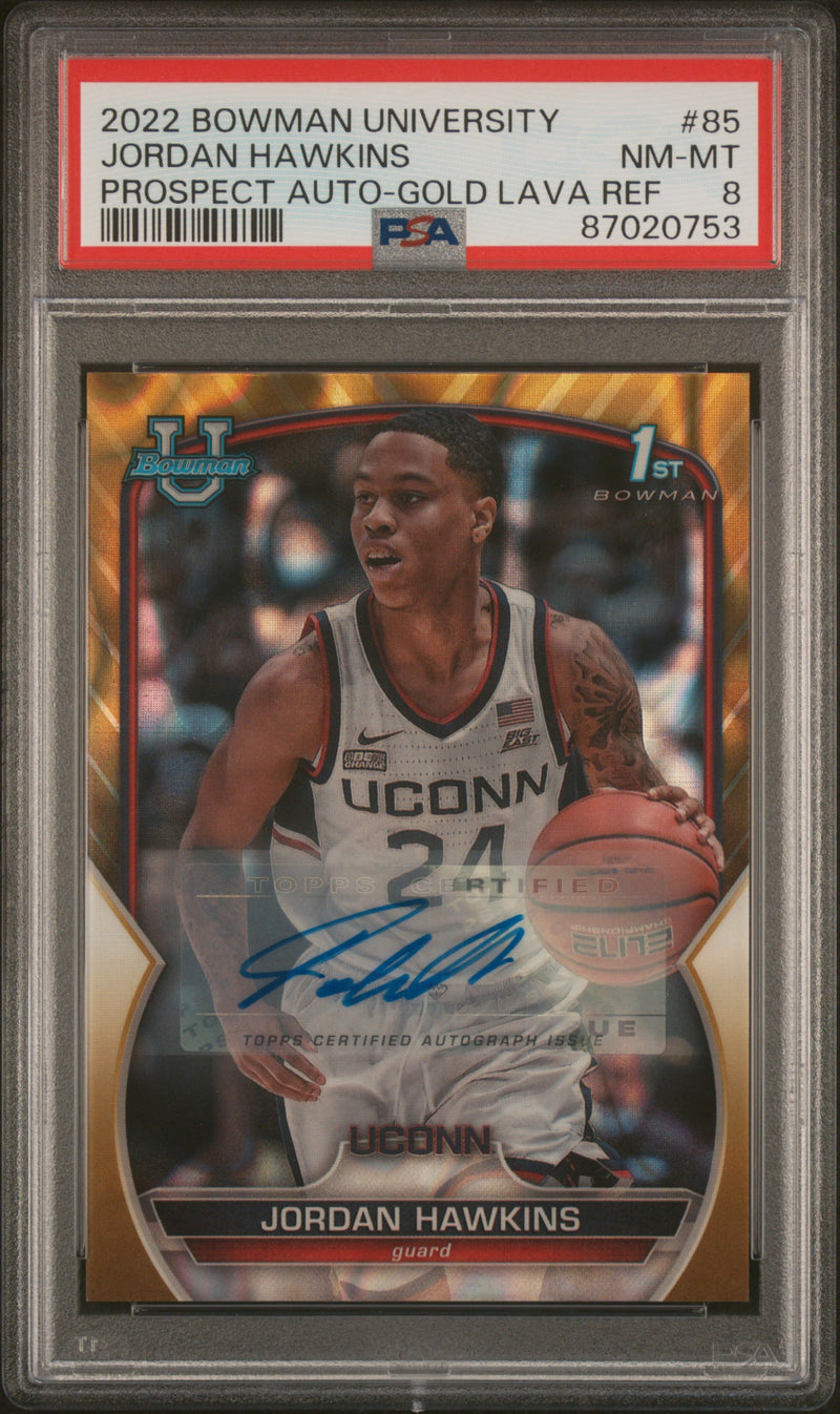 PSA 8 Jordan Hawkins 2022 Bowman University #85 Auto Gold Refractor #1/50 Rookie Card New Orleans Pelicans