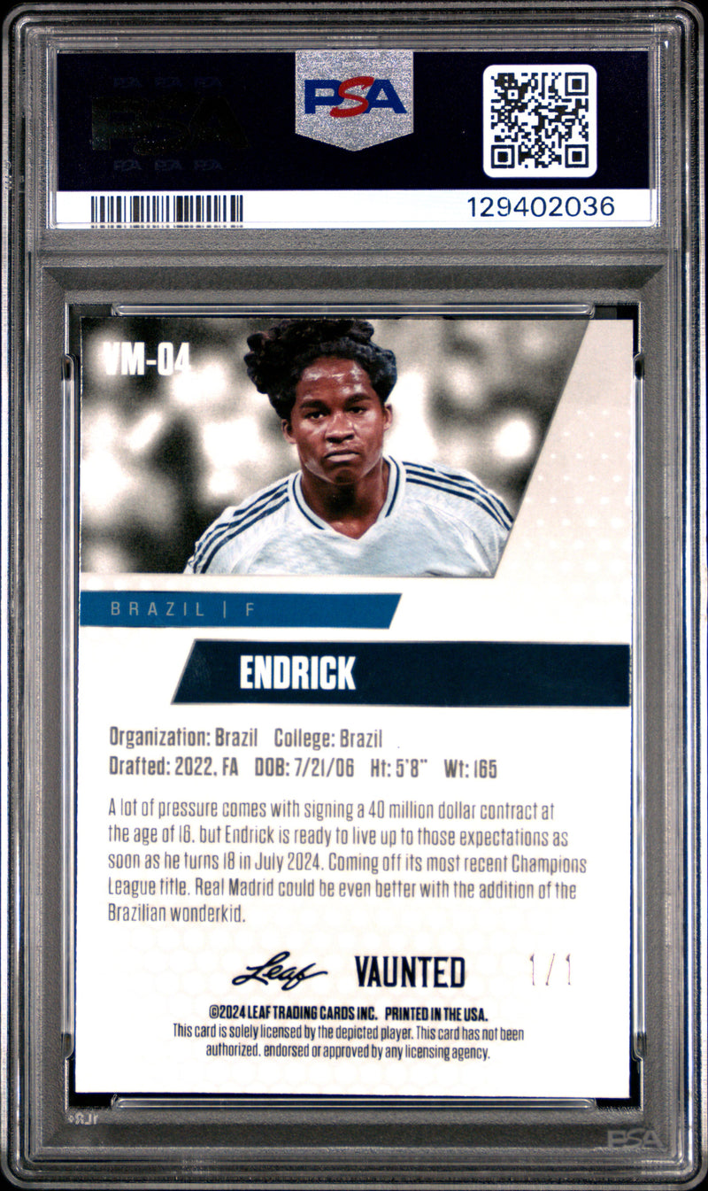 PSA 8 Endrick 2024 Leaf Vaunted Metal #VM-04 Black Superprismatic 1/1 Rookie Card Real Madrid