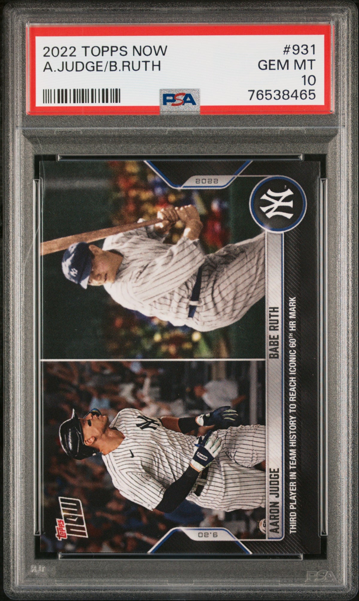 PSA 10 GEM-MT Aaron Judge/ Babe Ruth 2022 Topps Now #931 Rare Trading Card