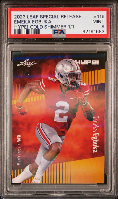 PSA 9 Emeka Egbuka 2023 Leaf Hype! #116 Gold Shimmer 1/1 Rookie Card